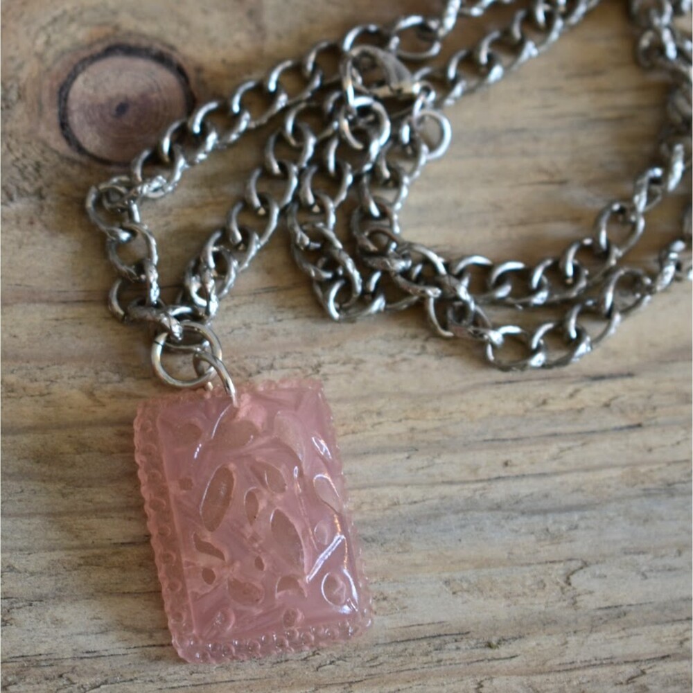 Artisan Created Rhodium Plated Chain and Rectangle Carved Pendant